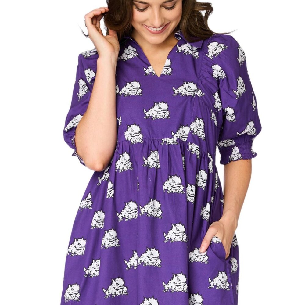 Stewart Simmons TCU Horned Frogs Poplin Dress with Puff Sleeves Gameday NWT - Picture 4 of 4